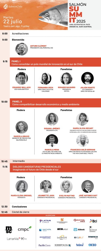 Cumbre del Salmón 2025, Salmonicultura chilena, Acuicultura sostenible, Chile, Sostenibilidad, Industria del salmón, SalmonChile A.G., Frutillar, Medio ambiente, Desarrollo económico, Innovación acuícola, Candidatos presidenciales Chile, Regulación acuícola, Exportaciones salmón, Los Lagos Chile, Gestión recursos naturales, Tecnología acuícola, Futuro salmón, Acuicultura Chile.