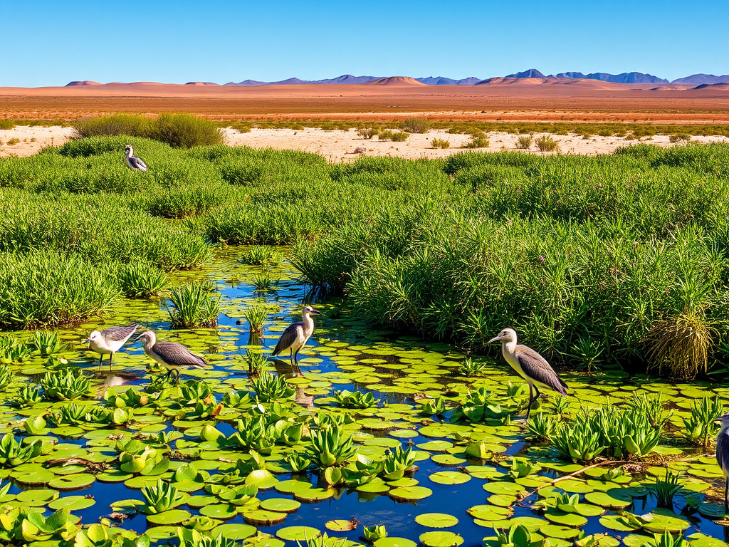 Humedal costero Atacama, desierto Chile, dunas, flamencos, aves acuáticas, paisaje, conservación, biodiversidad.