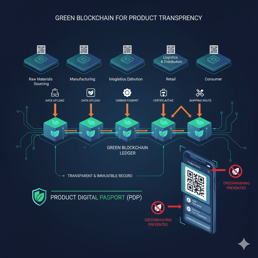 Diagrama de flujo que ilustra cómo el Blockchain Verde crea un Pasaporte Digital de Producto (PDP) a lo largo de la cadena de suministro para combatir el greenwashing.