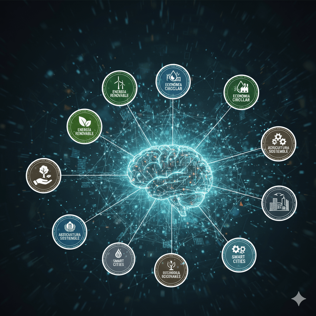 Gráfico conceptual de la IA como el cerebro central que interconecta todos los elementos de la sostenibilidad global y los ODS.