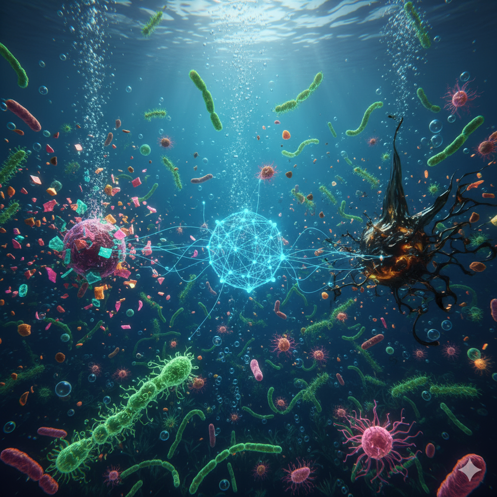 Visualización de microorganismos degradando microplásticos y petróleo en el agua, simbolizando la biorremediación asistida por IA.