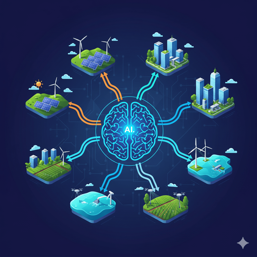 Visualización de la computación cuántica acelerando el diseño de materiales súper-sostenibles para energía y captura de carbono.