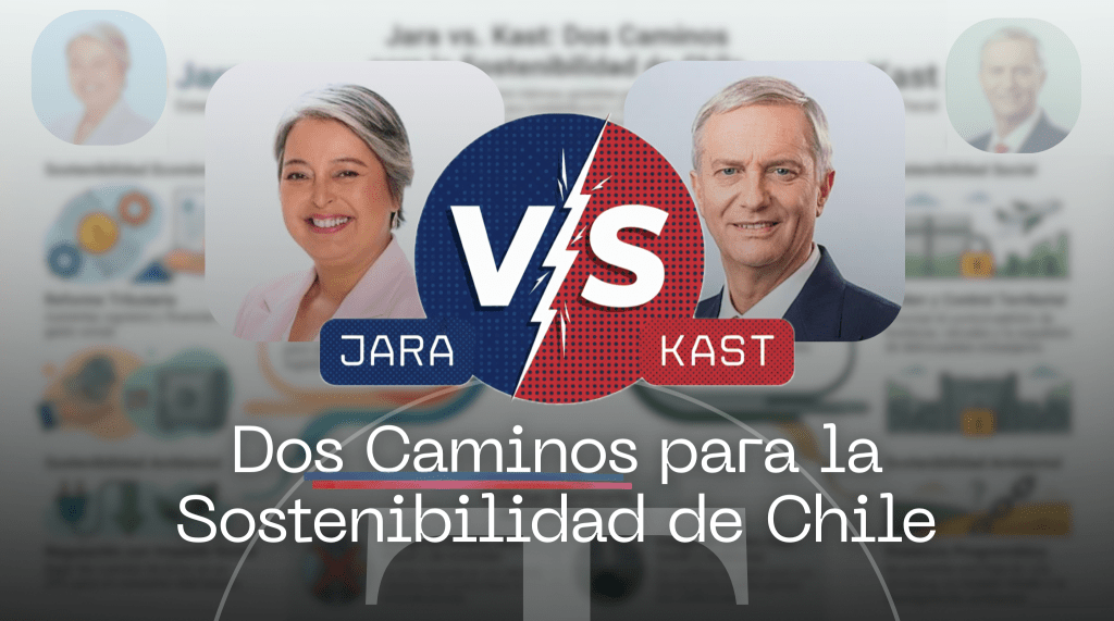 Una imagen impactante que representa la polarización política chilena en torno a la sostenibilidad. El diseño se centra en un gran logo de "VS" (Versus) dividido diagonalmente, con la mitad izquierda en azul marino y la derecha en rojo vibrante, ambos con un patrón de semitonos (puntos). A cada lado del logo central, se presentan los nombres JARA (en un bloque azul oscuro) y KAST (en un bloque rojo intenso) en mayúsculas, reforzando el enfrentamiento. En el fondo, un diseño borroso y superpuesto de un gráfico o mapa conceptual, que insinúa los temas complejos de "Dos Caminos para la Sostenibilidad de Chile". En la capa superior, aparecen las fotos de los candidatos, Jeannette Jara a la izquierda y José Antonio Kast a la derecha, en recuadros semicirculares y con buena iluminación, posicionados sobre sus respectivos colores. La composición logra un equilibrio tenso, simbolizando el debate crucial sobre el futuro ambiental, social y de gobernanza (ESG) del país.