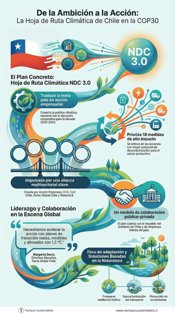 Infografía 'De la Ambición a la Acción': Hoja de Ruta Climática de Chile NDC 3.0 para la COP30. Ilustra el Plan Concreto que traduce la meta país en acción empresarial, conectando la política climática (NDC 3.0) y la descarbonización corporativa. Destaca 18 medidas de alto impacto, la alianza multisectorial clave (Acción Empresas, CCS, CLG Chile, Pacto Global Chile y Sistema B), y el modelo de colaboración público-privada. El foco está en la adaptación, Soluciones Basadas en la Naturaleza (SbN), la resiliencia hídrica, la descarbonización del transporte y la protección de ecosistemas.