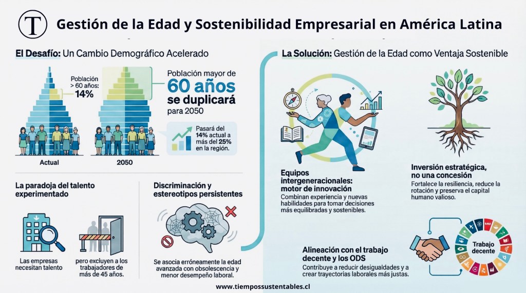 ¿Qué es la gestión de la edad en la sostenibilidad empresarial? La gestión de la edad es una estrategia preventiva y de gobernanza que busca adaptar las empresas al rápido envejecimiento demográfico de América Latina, donde la población mayor de 60 años superará el 25% para 2050. No se trata solo de prolongar la vida laboral, sino de crear trayectorias saludables y flexibles que aprovechen la experiencia del talento mayor de 45 años. Su implementación fortalece la resiliencia organizacional, fomenta la transferencia de conocimientos en equipos intergeneracionales y reduce la discriminación laboral, alineándose con los Objetivos de Desarrollo Sostenible.