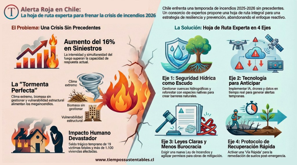 ¿Qué está pasando? Incendios en Chile aumentan un 16% con foco crítico en Concepción.
¿Cuál es la causa principal? Cambio climático sumado a mala gestión de biomasa en zonas de interfaz y crisis hídrica estructural.
¿Qué proponen los expertos?
Gestión de cuencas y reforestación nativa como defensa.
Uso de IA y drones en PyMEs para detección temprana.
Una Ley de Incendios con sanciones claras y agilización de permisos ambientales.
Protocolo de "Vía Rápida" para remediación de suelos post-incendio.