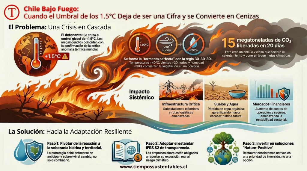 Infografía titulada "Chile en Llamas: El Riesgo Sistémico de un Planeta a +1.5°C". Se muestra un globo terráqueo agrietado con un termómetro marcando un aumento de temperatura. Una gran ráfaga de fuego y humo se extiende sobre un paisaje de árboles quemados. En el centro, tres iconos circulares detallan condiciones climáticas críticas: temperaturas superiores a 40°C, vientos fuertes (nudos) y humedad inferior al 30%. En la base, una línea ondulada representa el agua o el océano.
