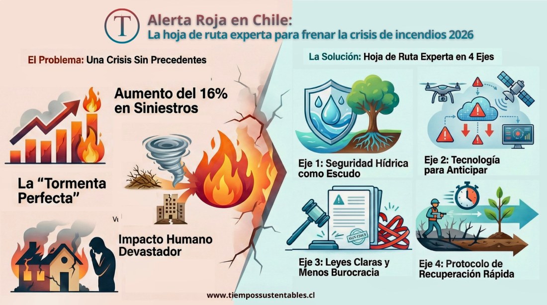 ¿Qué está pasando? Incendios en Chile aumentan un 16% con foco crítico en Concepción. ¿Cuál es la causa principal? Cambio climático sumado a mala gestión de biomasa en zonas de interfaz y crisis hídrica estructural. ¿Qué proponen los expertos? Gestión de cuencas y reforestación nativa como defensa. Uso de IA y drones en PyMEs para detección temprana. Una Ley de Incendios con sanciones claras y agilización de permisos ambientales. Protocolo de "Vía Rápida" para remediación de suelos post-incendio.