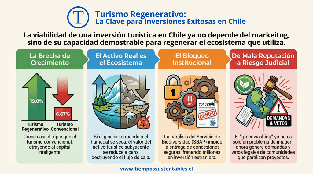 Gráfico detallado que explica la viabilidad de la inversión turística en Chile. Destaca cómo el turismo regenerativo atrae capital inteligente con un 19% de crecimiento, advierte que la destrucción de glaciares o humedales anula el flujo de caja, señala la parálisis del Servicio de Biodiversidad (SBAP) como freno a la inversión extranjera, y detalla cómo el greenwashing deriva en demandas legales que paralizan proyectos.