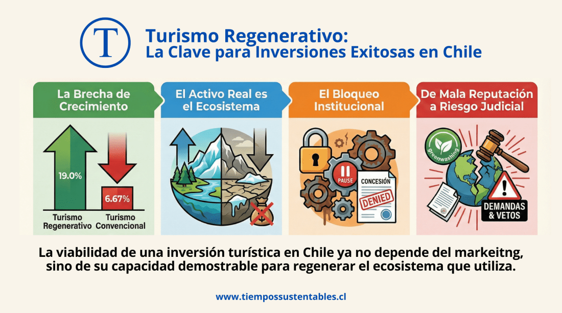 Infografía de Tiempos Sustentables sobre Turismo Regenerativo en Chile. Muestra cuatro pilares clave para la inversión: la brecha de crecimiento superior del 19% regenerativo frente al 6.67% convencional, el ecosistema como activo económico real, el bloqueo institucional y burocrático a concesiones, y el riesgo judicial emergente por prácticas de greenwashing y vetos comunitarios.