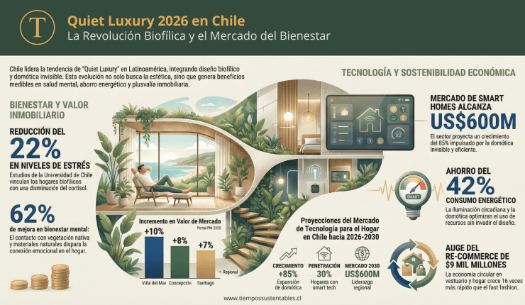 Descubre Quiet Luxury 2026 en Chile: hogares biofílicos que suben el valor de propiedades +7% según Portal PM, domótica invisible explotando +85% hacia US$600M (Statista). Universidad de Chile confirma estrés ↓22%, iluminación circadiana +30% rendimiento. La tendencia sostenible que Chile lidera en Latinoamérica.
