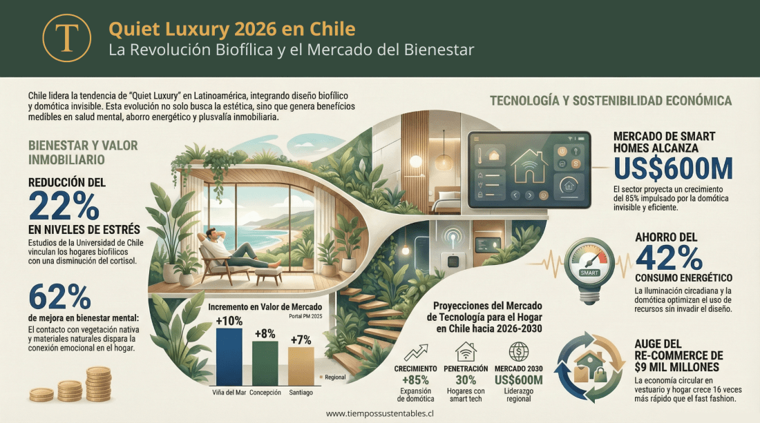 Descubre Quiet Luxury 2026 en Chile: hogares biofílicos que suben el valor de propiedades +7% según Portal PM, domótica invisible explotando +85% hacia US$600M (Statista). Universidad de Chile confirma estrés ↓22%, iluminación circadiana +30% rendimiento. La tendencia sostenible que Chile lidera en Latinoamérica.