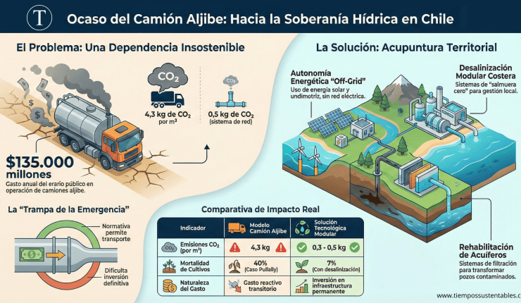 Ante una crisis hídrica estructural que le cuesta al Estado $135.000 millones anuales en el arriendo de camiones aljibe, el reportaje "El Ocaso del Camión Aljibe" plantea un cambio de paradigma hacia la "Acupuntura Territorial",. Esta estrategia busca reemplazar la gestión de emergencia por infraestructura sostenible y definitiva, utilizando desalinización modular en la costa y rehabilitación de acuíferos en el interior,,. Liderada por expertos como Carlos Fredes García, esta transición promete no solo reducir la huella de carbono del suministro —bajando de 4,3 kg a menos de 0,5 kg de CO₂ por m³—, sino también devolver la soberanía hídrica a las comunidades rurales mediante soluciones tecnológicas autónomas y eficientes.