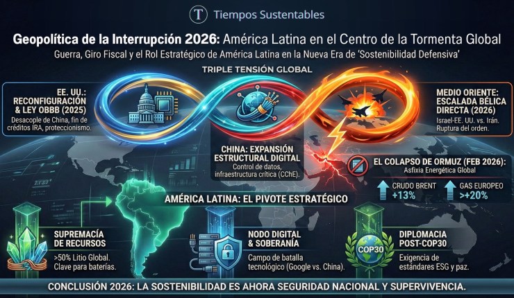 Resumen Ejecutivo: El año 2026 representa un punto de quiebre estructural en el orden internacional. La sostenibilidad climática ha dejado de ser un debate moral para transformarse en una urgencia de seguridad nacional. Impulsada por la guerra abierta estallada el 28 de febrero de 2026 entre Israel, EE. UU. e Irán , el consecuente bloqueo del Estrecho de Ormuz , y el impacto de la ley estadounidense One Big Beautiful Bill (OBBB) aprobada en julio de 2025, la economía verde enfrenta una disrupción sin precedentes. América Latina, apalancada en los compromisos logrados en la COP30 de 2025 , emerge como el pivote estratégico para la supervivencia energética mundial.