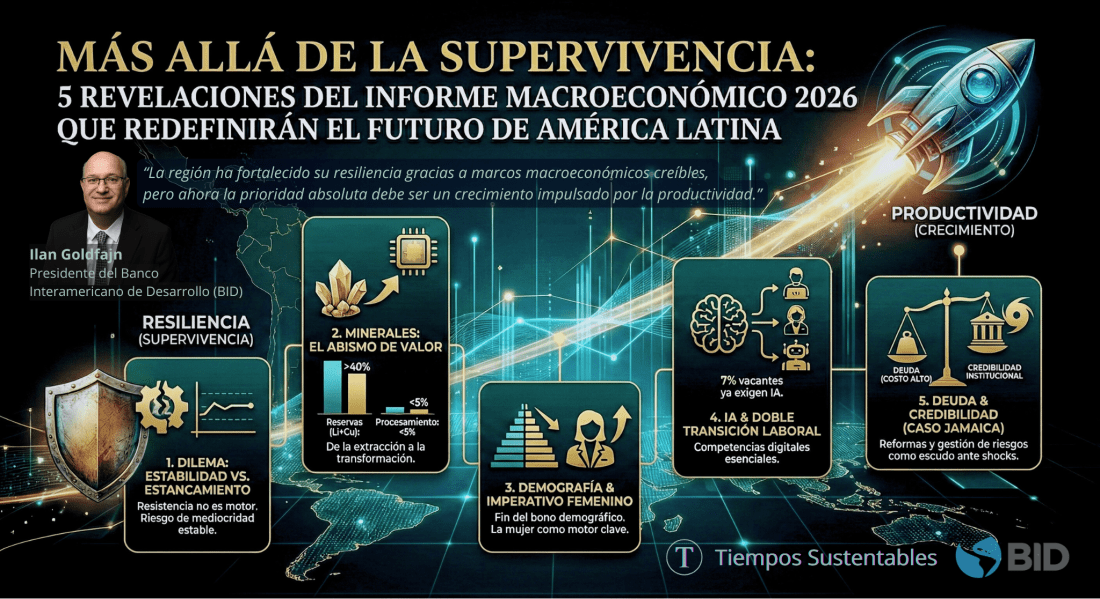 El informe concluye que América Latina y el Caribe ha demostrado una gran resiliencia institucional frente a las crisis globales, pero sufre de un estancamiento en su crecimiento. Para evitar una "mediocridad estable", la región debe pasar de la supervivencia a la productividad mediante: 1) el procesamiento local de minerales críticos como el litio y cobre , 2) la integración laboral femenina ante el fin del bono demográfico , 3) la adopción de Inteligencia Artificial , y 4) una gestión estratégica de la deuda pública.