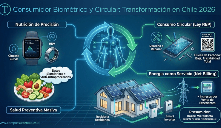 Infografía conceptual sobre el Consumidor Biométrico y Circular en Chile 2026. Muestra tres pilares: Nutrición de Precisión con un reloj inteligente midiendo glucosa y comida saludable; Consumo Circular y Ley REP con herramientas reparando un celular y un pasaporte digital de producto; y Energía como Servicio (Net Billing) con una casa con paneles solares inyectando energía a la red eléctrica. Al centro, una figura humana digital conectada a estos tres ecosistemas.