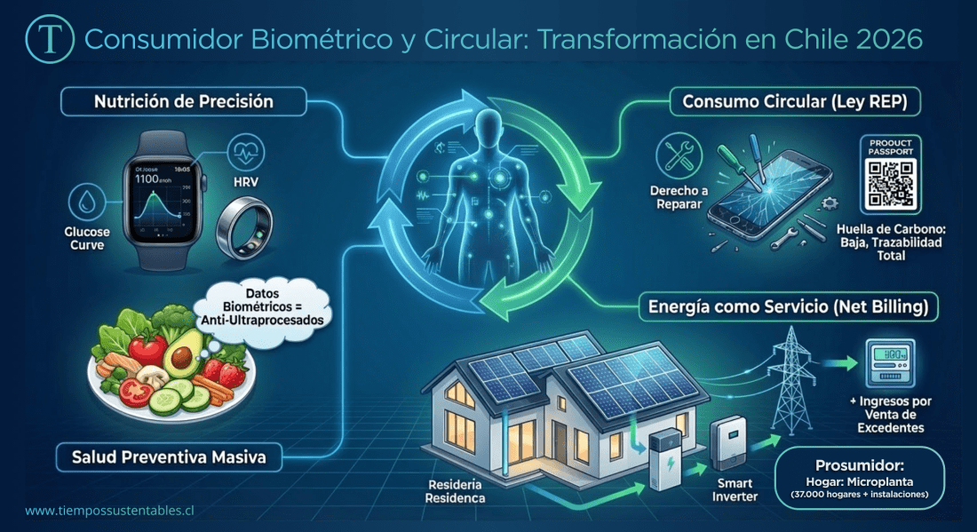 Infografía conceptual sobre el Consumidor Biométrico y Circular en Chile 2026. Muestra tres pilares: Nutrición de Precisión con un reloj inteligente midiendo glucosa y comida saludable; Consumo Circular y Ley REP con herramientas reparando un celular y un pasaporte digital de producto; y Energía como Servicio (Net Billing) con una casa con paneles solares inyectando energía a la red eléctrica. Al centro, una figura humana digital conectada a estos tres ecosistemas.