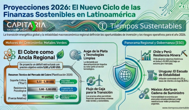 Infografía sobre proyecciones 2026 y finanzas sostenibles en Latinoamérica. Destaca el cobre y la plata como metales verdes, y resume el panorama macroeconómico y ESG de Chile, Perú, Uruguay y México.